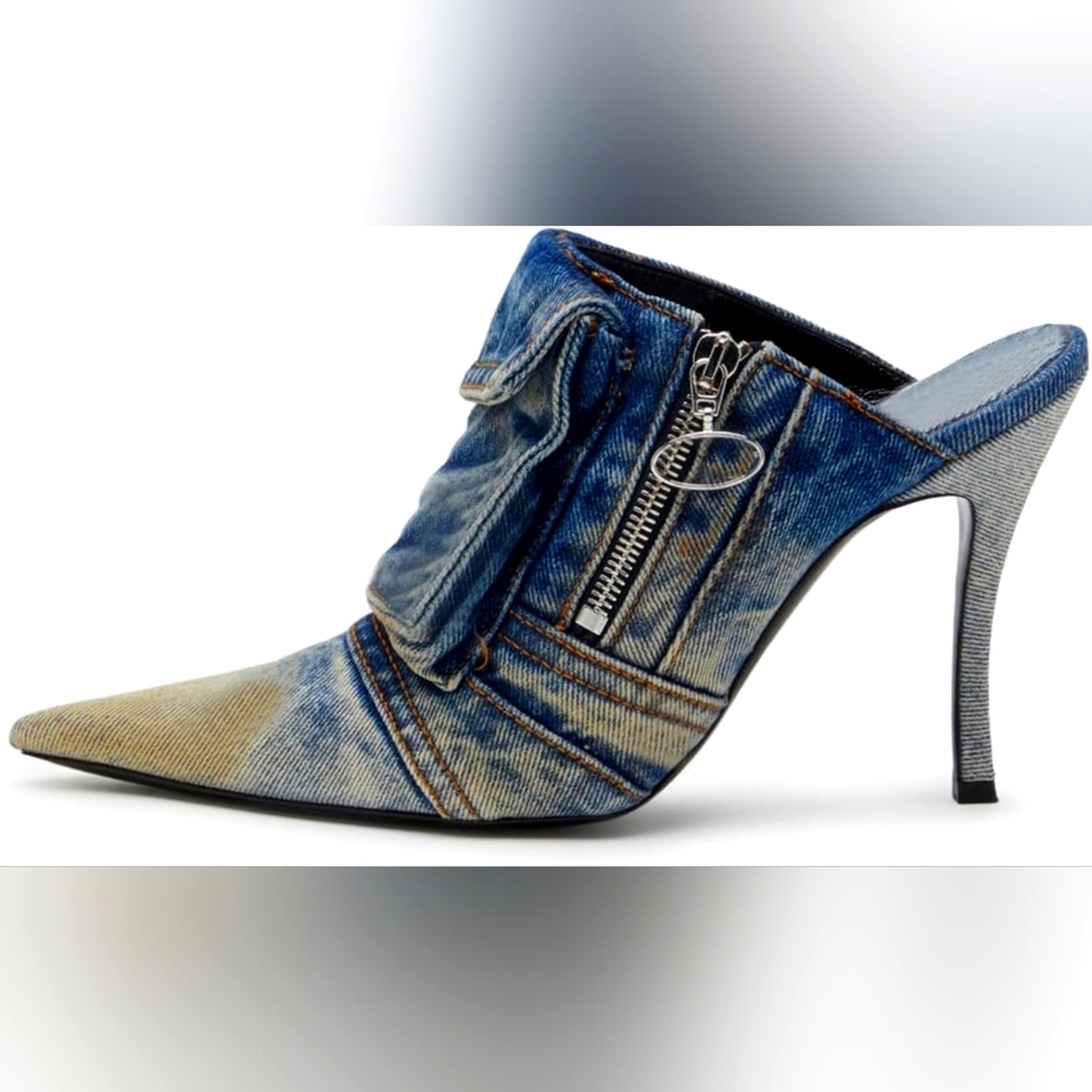 Chic Denim Cargo Stiletto Mule Heels